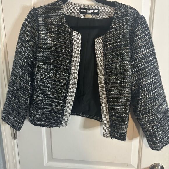 Karl Lagerfeld vintage tweed Textured Black and White Blazer size m EUC - Picture 2 of 4